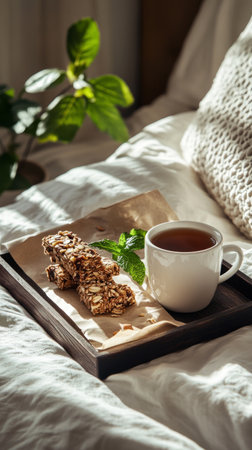 A cozy breakfast setup features a wooden tray with healthy snacks and a cup of tea resting on a white bedding. Fresh mint leaves add a touch of freshness to the sceneの素材