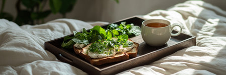 Delicious breakfast toasts topped with fresh greens are presented on a tray beside a warm cup of tea, all set on a white-covered bed in a sunny, inviting room, bannerの素材