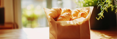 A warm paper bag filled with golden croissants sits under the morning sun, inviting passersby to enjoy a delightful breakfast in an outdoor cafe, bannerの素材
