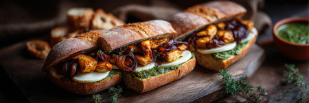 An enticing breakfast mega sandwich features tender chicken, fresh basil pesto, and onions layered on a crusty hoagie roll, set on a rustic wooden surface, bannerの素材