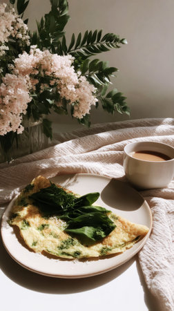 Relaxing morning with a delicious spinach omelette served on a plate alongside fresh flowers and a cup of coffee, creating a serene breakfast atmosphereの素材