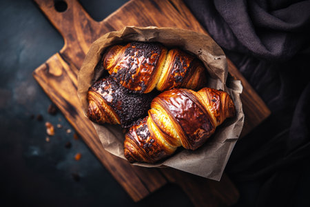 A basket filled with golden brown croissants rests on a wooden board in a warm, inviting kitchen, perfect for a leisurely breakfast gathering.の素材