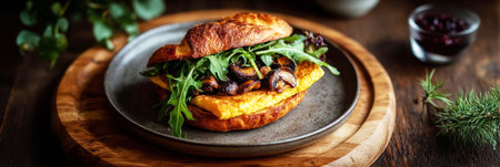 Delicious sandwich filled with mushrooms and fresh greens rests on a rustic plate, showcasing a hearty breakfast option perfect for mornings at home or in a cafe, bannerの素材