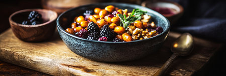 A vibrant bowl filled with fresh berries and nuts is showcased on a rustic countertop. Morning light streams in, highlighting the healthy breakfast option, bannerの素材
