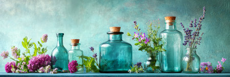 Glass bottles with vibrant liquids sit among a lush arrangement of flowers and herbs against a cheerful blue background, showcasing natural beauty, bannerの素材