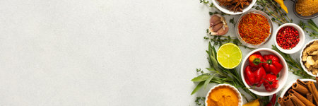 A mix of dried herbs and spices laid out on a gray background, highlighting natural flavors and culinary essentials, top view , copy space, bannerの写真素材