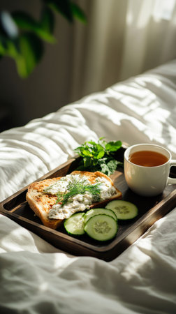 A delightful breakfast featuring a creative toast topped with spread, fresh cucumbers, and mint leaves, accompanied by a cup of herbal tea, all set on a wooden tray in a cozy bedroom.の素材