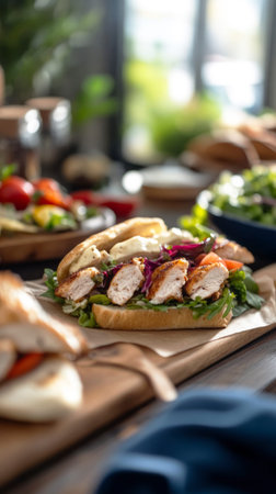 A beautifully arranged breakfast with gourmet sandwiches filled with chicken, fresh greens, and colorful salads. The cozy cafe atmosphere enhances the meal's appeal.の素材