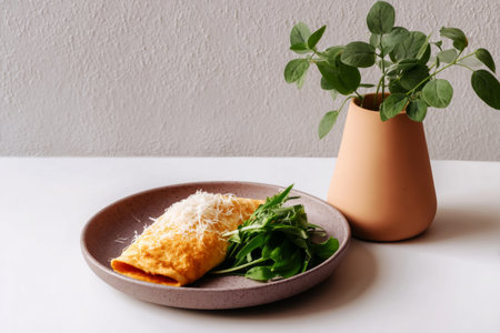 An inviting seasonal breakfast showcases a perfectly folded omelet topped with grated cheese and surrounded by vibrant herbs, served on a simple plateの素材