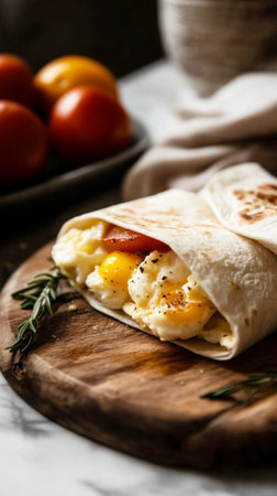 A hearty breakfast features a burrito stuffed with scrambled eggs, fresh tomatoes, and melted cheese, showcased in a ceramic bowl on a wooden surfaceの素材