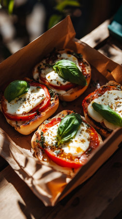 Mouthwatering breakfast sandwiches topped with mozzarella, fresh tomatoes, and basil are presented in a natural, rustic setting, perfect for a sunny morning.の素材