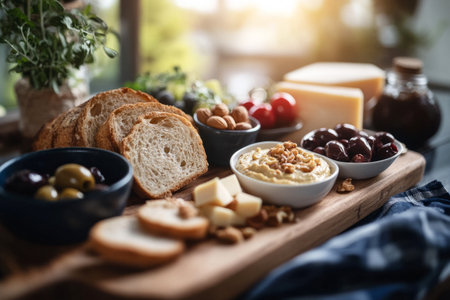 An inviting breakfast board is arranged on a wooden platter with slices of bread, creamy cheese, assorted olives, and crunchy nuts. The cozy kitchen light enhances the appetizing displayの素材