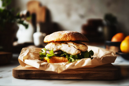 A hearty breakfast sandwich features succulent grilled chicken, vibrant green lettuce, and fresh bread, all beautifully arranged on a wooden board in a cozy indoor setting.の素材