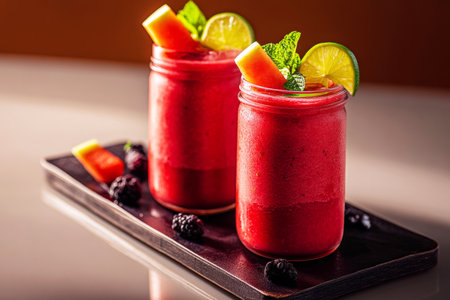 A bright and refreshing seasonal breakfast drink sits in a jar, topped with mint leaves and lime slices, beside fresh watermelon pieces and lime wedgesの素材