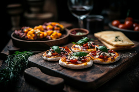 Freshly made breakfast boards display artisan pizza topped with vegetables, accompanied by cured meats and herbs, showcasing a welcoming and warm kitchen atmosphere during morning hoursの素材