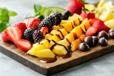 Colorful breakfast board displays an array of sliced fruits including strawberries, blackberries, and pineapple, drizzled with chocolate for a sweet and healthy start to the day.の素材