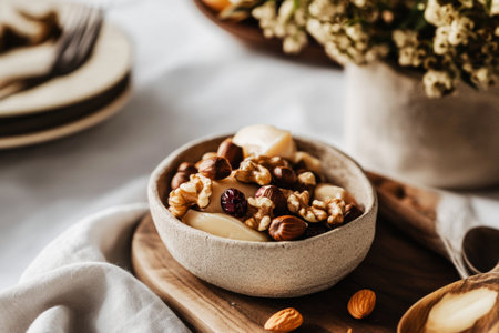 A healthy breakfast bowl brimming with nuts, bananas, blackberries, and granola, placed on a wooden surface surrounded by warm, soft textilesの素材