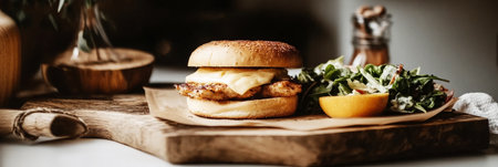A delicious breakfast sandwich features a grilled chicken patty topped with melted cheese, accompanied by a side of vibrant salad and a slice of citrus.の素材