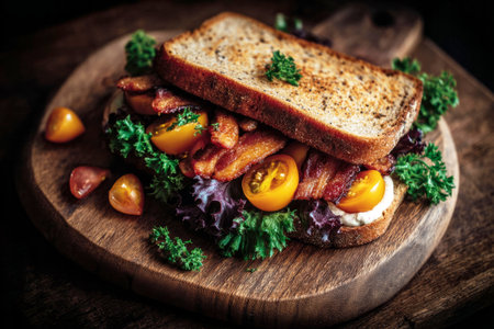 A delicious breakfast showcases a mega sandwich loaded with crispy bacon, vibrant tomatoes, and fresh greens atop whole grain bread, all served on a rustic wooden platterの素材