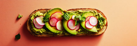 Colorful slices of avocado and radish beautifully arranged on toasted bread topped with fresh greens, creating an appetizing breakfast option that is both healthy and visually pleasing, bannerの素材