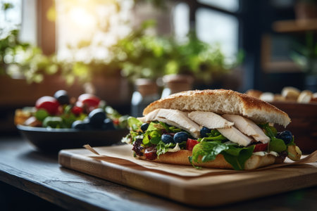 A beautifully prepared breakfast sandwich sits on a wooden table in a warm kitchen, showcasing vibrant vegetables and tender grilled chicken under soft natural lightの素材