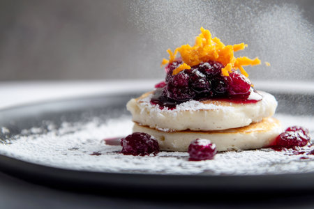 Fluffy pancakes are stacked high and adorned with a vibrant medley of blueberries and orange zest, creating a fresh seasonal breakfast enjoyed at a cozy cafeの素材