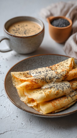 A delightful seasonal breakfast features freshly made savory crepes sprinkled with poppy seeds.の素材