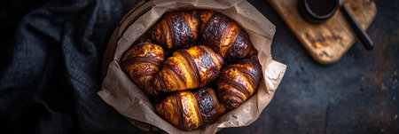 Freshly baked chocolate croissants are beautifully presented on a wooden platter, showcasing rich, flaky layers. Seasonal fruits add color and freshness to the breakfast spread, bannerの素材