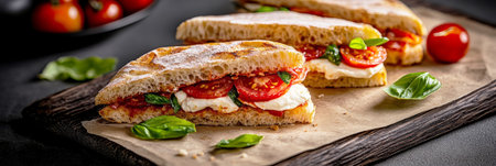 Breakfast features mouthwatering sandwiches made with fresh tomatoes, mozzarella, and aromatic basil served on a rustic wooden platter.の素材