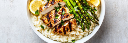 Creamy risotto is topped with perfectly grilled chicken, fresh lemon slices, and tender asparagus, showcasing traditional Italian flavors in a warm, inviting atmosphere, bannerの素材