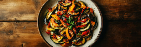 A vibrant ratatouille dish showcases an assortment of fresh vegetables including zucchini, bell peppers, and eggplant, elegantly presented and garnished on a rustic wooden table, bannerの素材