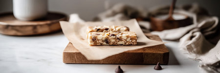 Freshly made breakfast bars featuring nuts and chocolate rest on a wooden cutting board. A warm, inviting kitchen ambiance enhances the morning meal feel.の素材