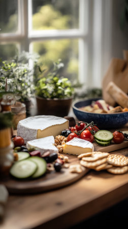 Colorful breakfast board includes a variety of cheeses, ripe cherry tomatoes, fresh cucumbers, and crispy crackers arranged beautifully on a rustic wooden table by a windowの素材