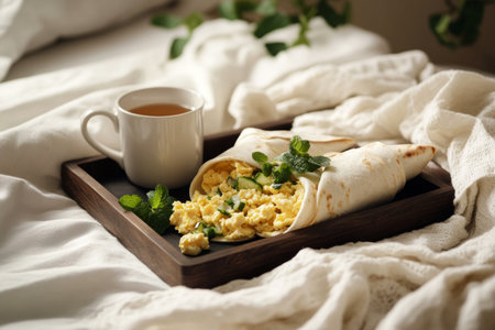 Two flavorful breakfast wraps filled with fresh ingredients alongside a steaming cup of coffee are arranged on a wooden tray in a cozy bedroom settingの素材