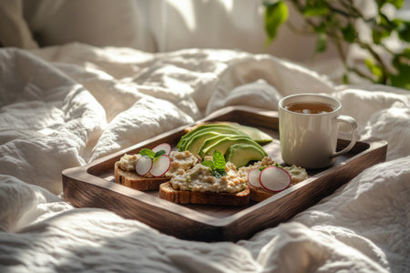 Delicious creative toasts topped with avocado, radishes, and herbs are arranged on a wooden tray beside a cup of tea. This cozy breakfast setting invites relaxation and enjoymentの素材