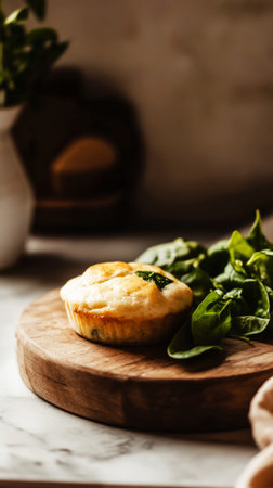 A savory breakfast muffin filled with spinach and eggs is beautifully presented on a wooden surface, paired with a steaming cup of coffee in a serene kitchenの素材