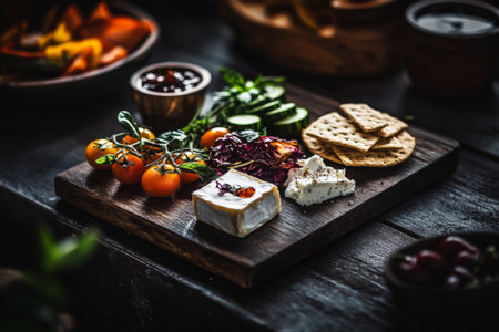 A beautifully arranged breakfast board showcases vibrant cherry tomatoes, cucumber slices, soft cheese, and crispy crackers set on a dark wooden table, perfect for a leisurely morning.の素材