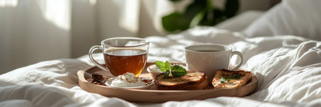 A beautifully arranged breakfast board featuring tea and coffee alongside toast, yogurt, and mint, set against the backdrop of a sunlit bedroom with soft bedding.の素材