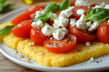 Traditional polenta is artfully arranged on a plate, topped with ripe tomatoes, fresh basil, and crumbled cheese.の素材