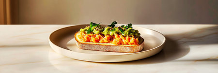 A beautifully prepared sandwich features a vibrant green avocado spread paired with flavorful salmon, served on a minimalist plate beside a refreshing drink, bannerの素材