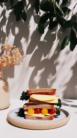 A tall sandwich with layers of ham, cheese, and fresh tomatoes sits on a bed of lettuce, all placed on a dark plate against a sunlit marble surfaceの素材