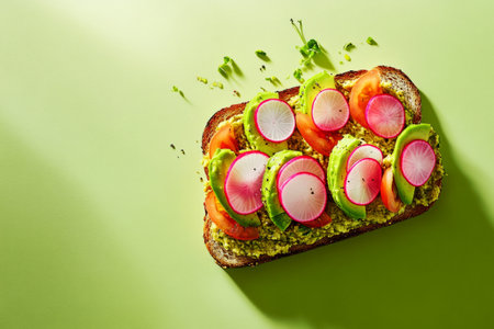 Three beautifully arranged breakfast toasts topped with avocado slices, chickpeas, radish, and cilantro are displayed on a bright green plate, showcasing a colorful and healthy morning mealの素材