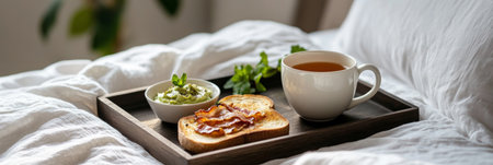 Enjoy a delightful breakfast featuring two creative toasts with avocado and bacon, accompanied by a cup of warm tea, all set on a cozy bed amidst soft, inviting blankets, bannerの素材