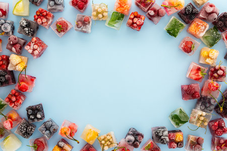 Frame of ice cubes with frozen berries and fruits and mint on blue backgroundの写真素材