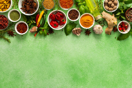 A vibrant assortment of fresh, multicolored spices and herbs on a delicate green background, perfect for cooking and culinary inspiration, top view, copy spaceの写真素材