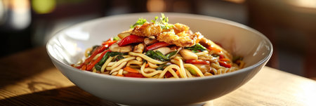 A vibrant breakfast bowl showcases colorful noodles and a variety of fresh vegetables, topped with savory meat strips, sesame seeds, and pickled elements, bannerの素材