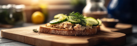 A beautifully arranged toast topped with creamy spreads and fresh cucumber slices is showcased on a wooden board, bannerの素材