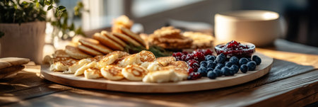 A beautifully arranged breakfast board showcases warm pancakes topped with cottage cheese, sweet jams, and a colorful assortment of fresh strawberries and blueberries in morning light, bannerの素材