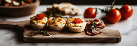 Savory mini tarts with a golden crust sit on a rustic wooden board, accompanied by fresh tomatoes and greenery, ready for a delightful breakfast spread, bannerの素材