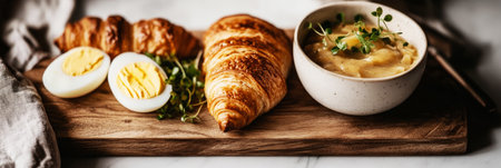 A delightful breakfast board showcases golden croissants, perfectly boiled eggs, and a warm bowl of soup garnished with fresh sprouts, served in a cozy kitchen setting.の素材